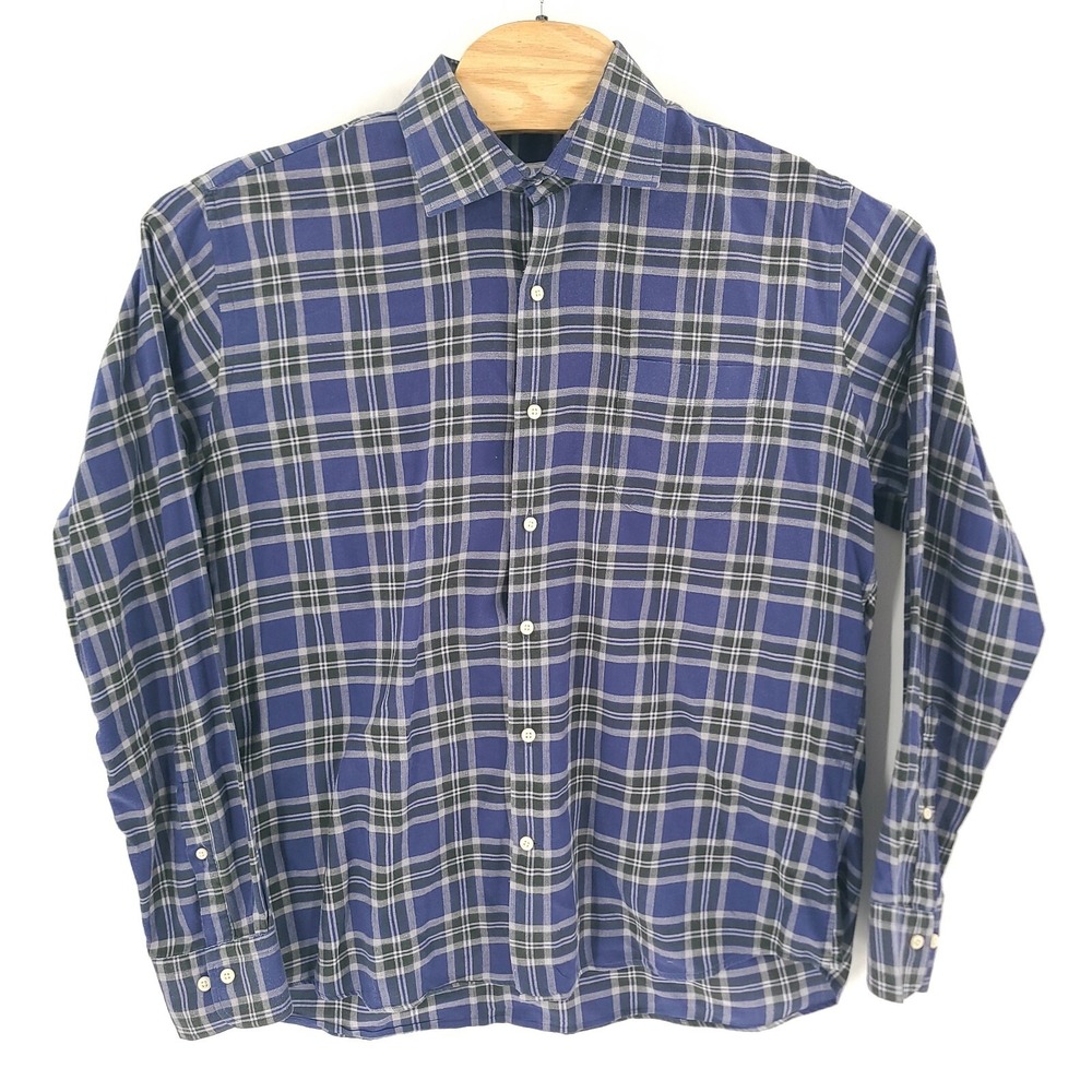 Peter Millar Flannel Shirt Mens Large Blue Plaid Autumn Soft Light Long Sleeve
